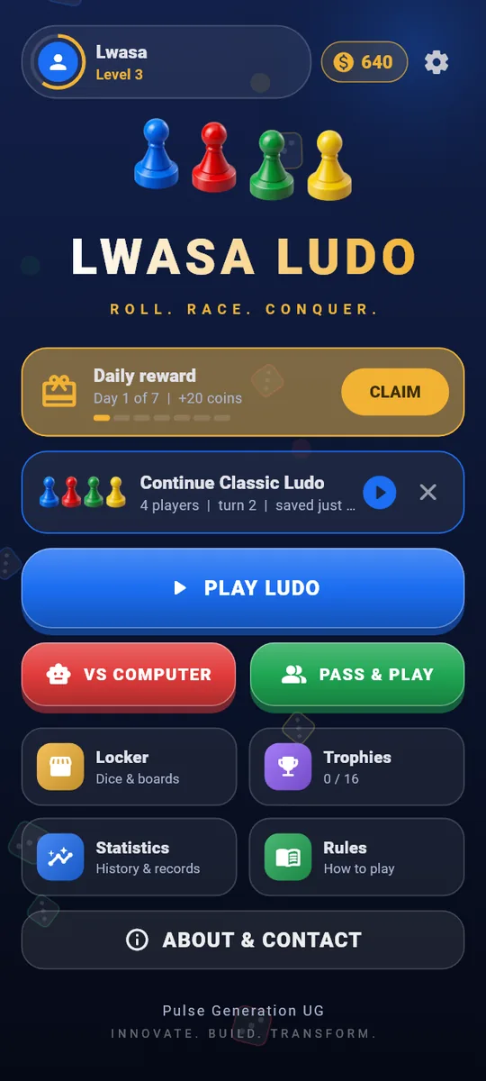 Lwasa Ludo home screen with profile, coins, daily reward and a saved match