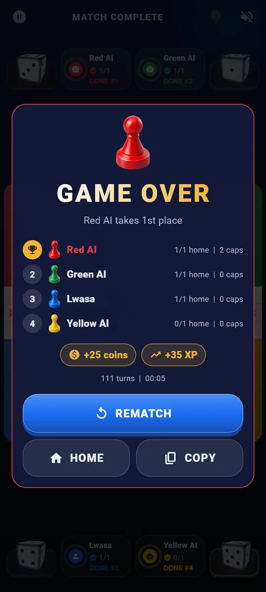 Match results with coins and XP earned